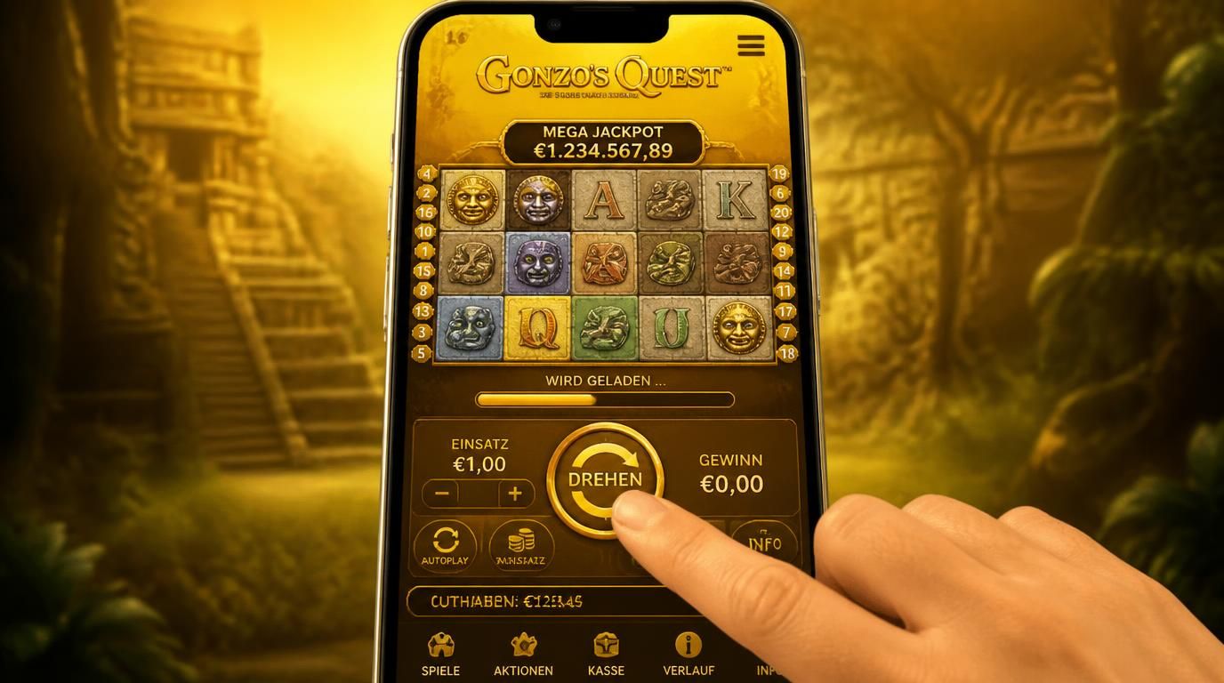 Smartphone zeigt Gonzo’s Quest Spieloberfläche im Hochformat mit sichtbarem Spin-Button